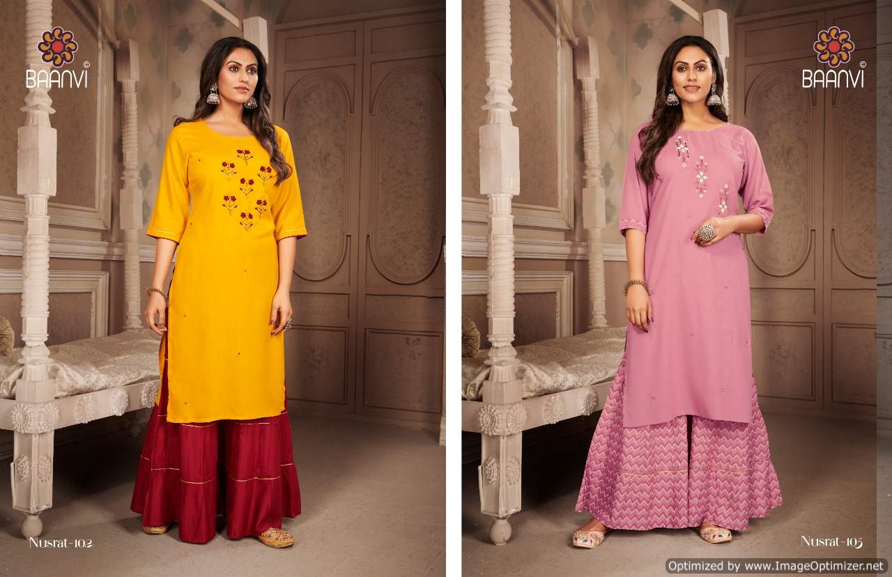 Baanvi Nusrat 1 Fancy Ethnic Wear Rayon Slub Hand Work Kurti With Bottom Collection